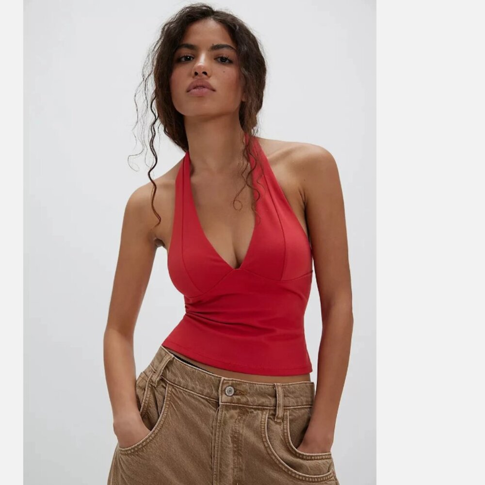 FREE PEOPLE Still Here Halter Cami TOP RED